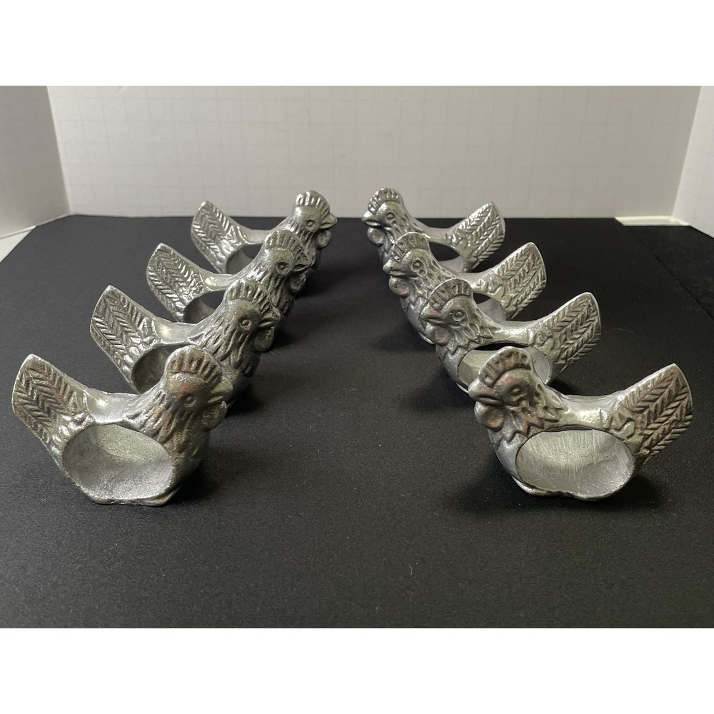 Vintage 1970s Set of 8 Pewter Chicken Rooster Napkin Rings French Country Rustic